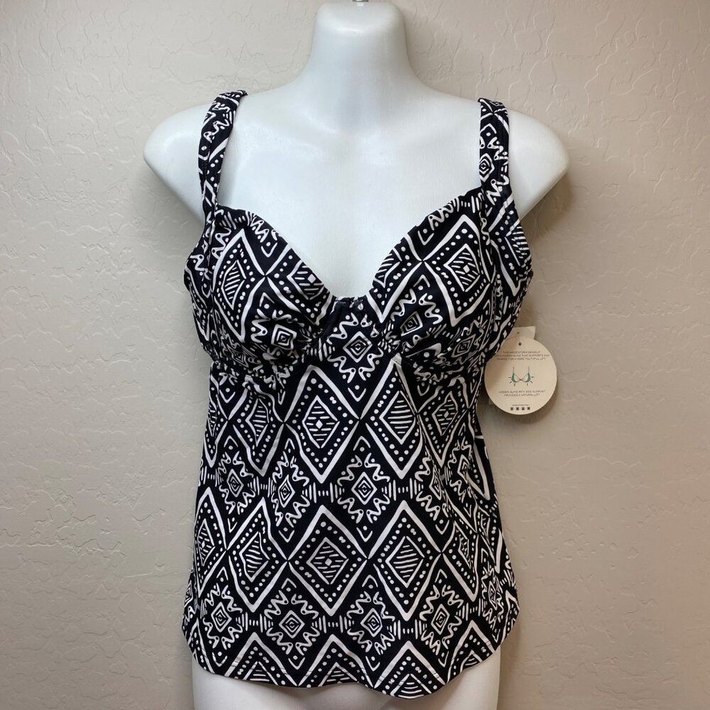 Maidenform Womens Swim Lift & Support Black White Tankini Top Size Small
